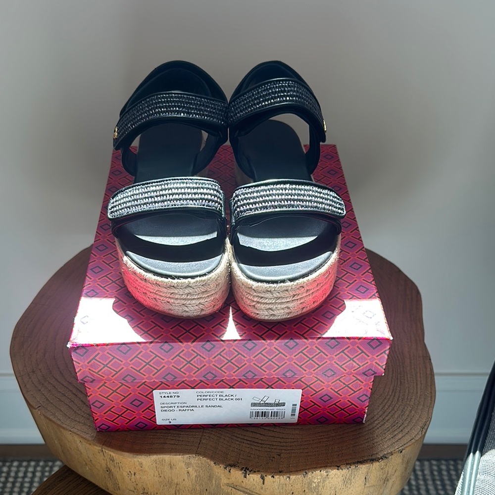 Tory Burch Black sport espadrille Sandals with Velcro Straps. Never worn.